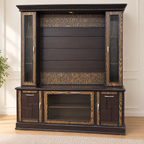 Pre-owned dark wood entertainment unit with two glass display cabinets; TV not included
