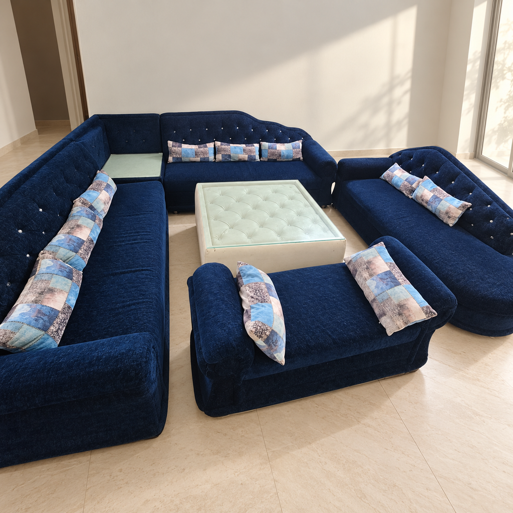 Navy 12-Seater Sofa Set with Glass-Top Centre Table - pre-owned item in Delhi - hero