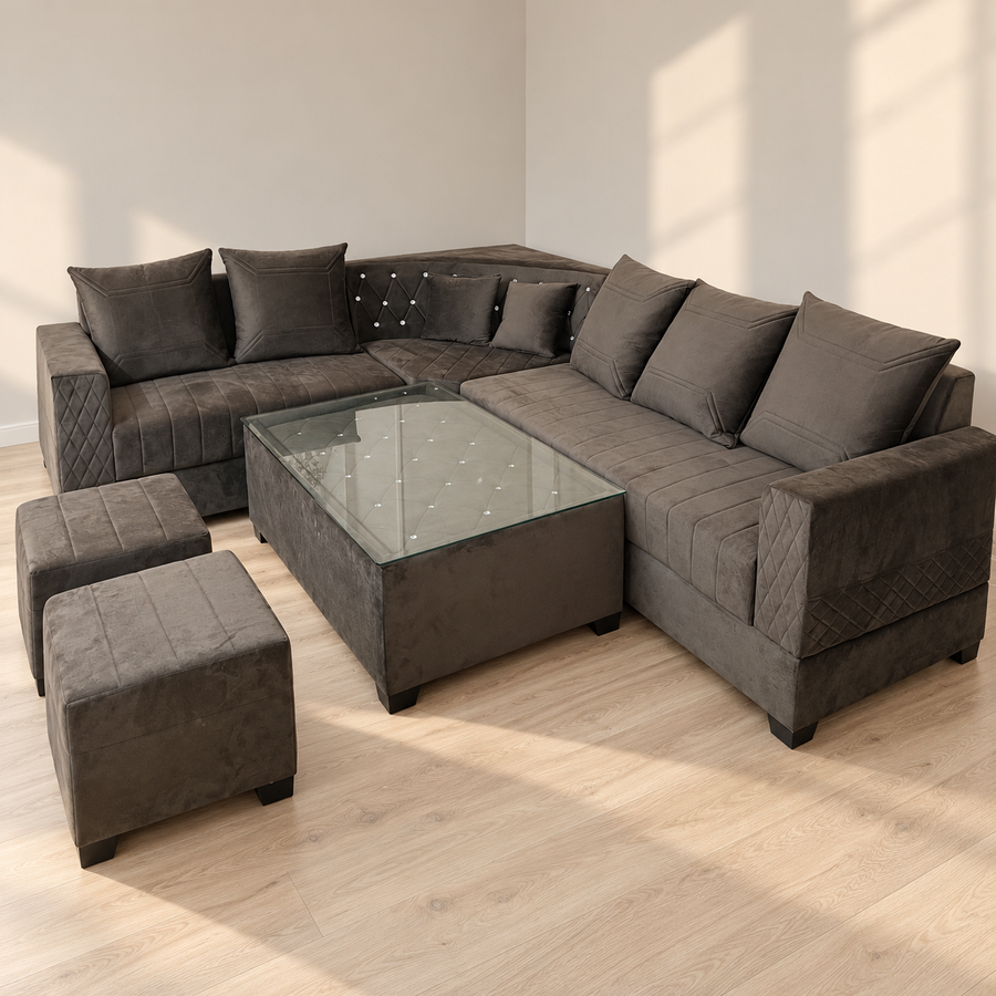 Grey Six-Seater Sectional Sofa with Two Pouffes and Table - pre-owned item in Delhi - hero