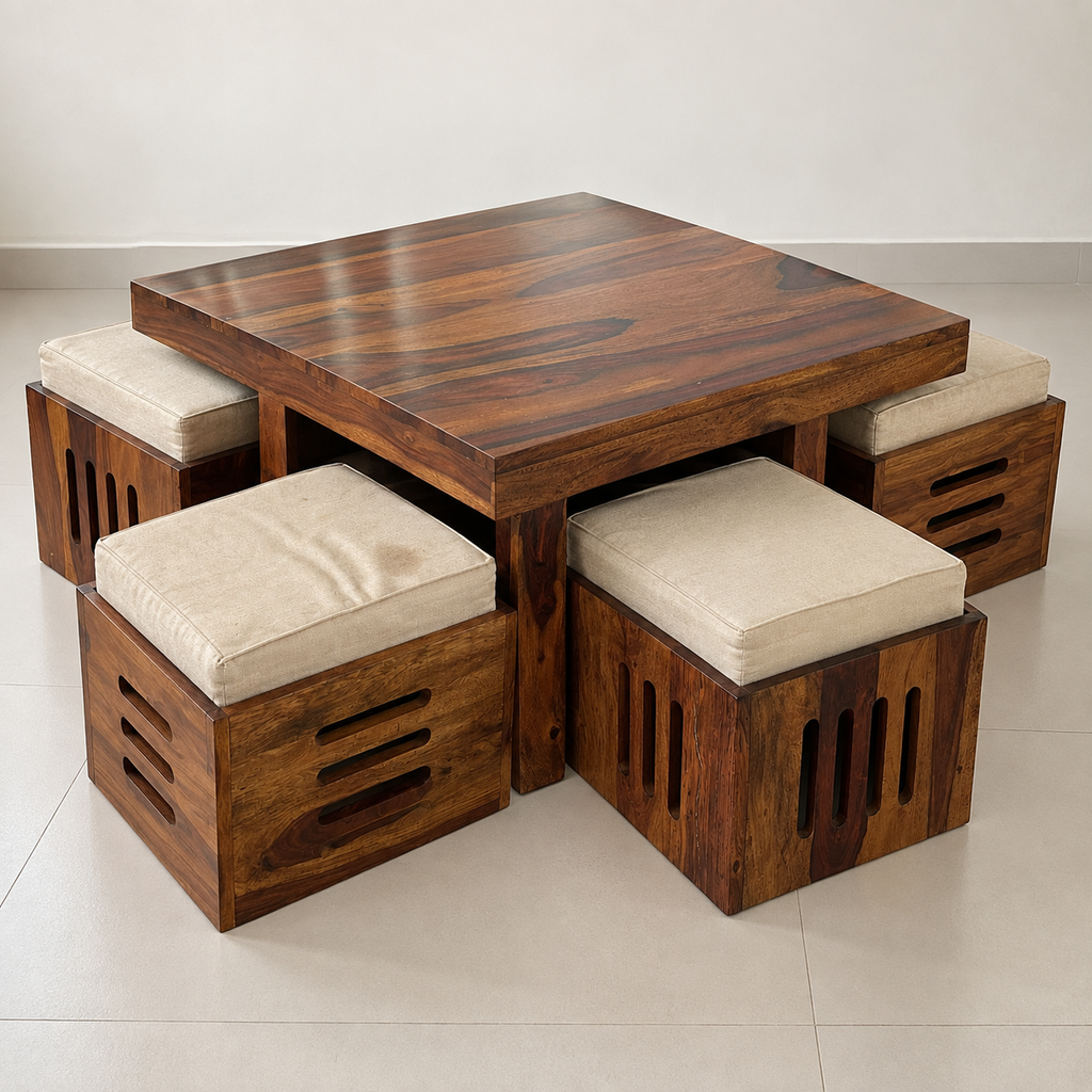 Sheesham coffee table and four stools hero