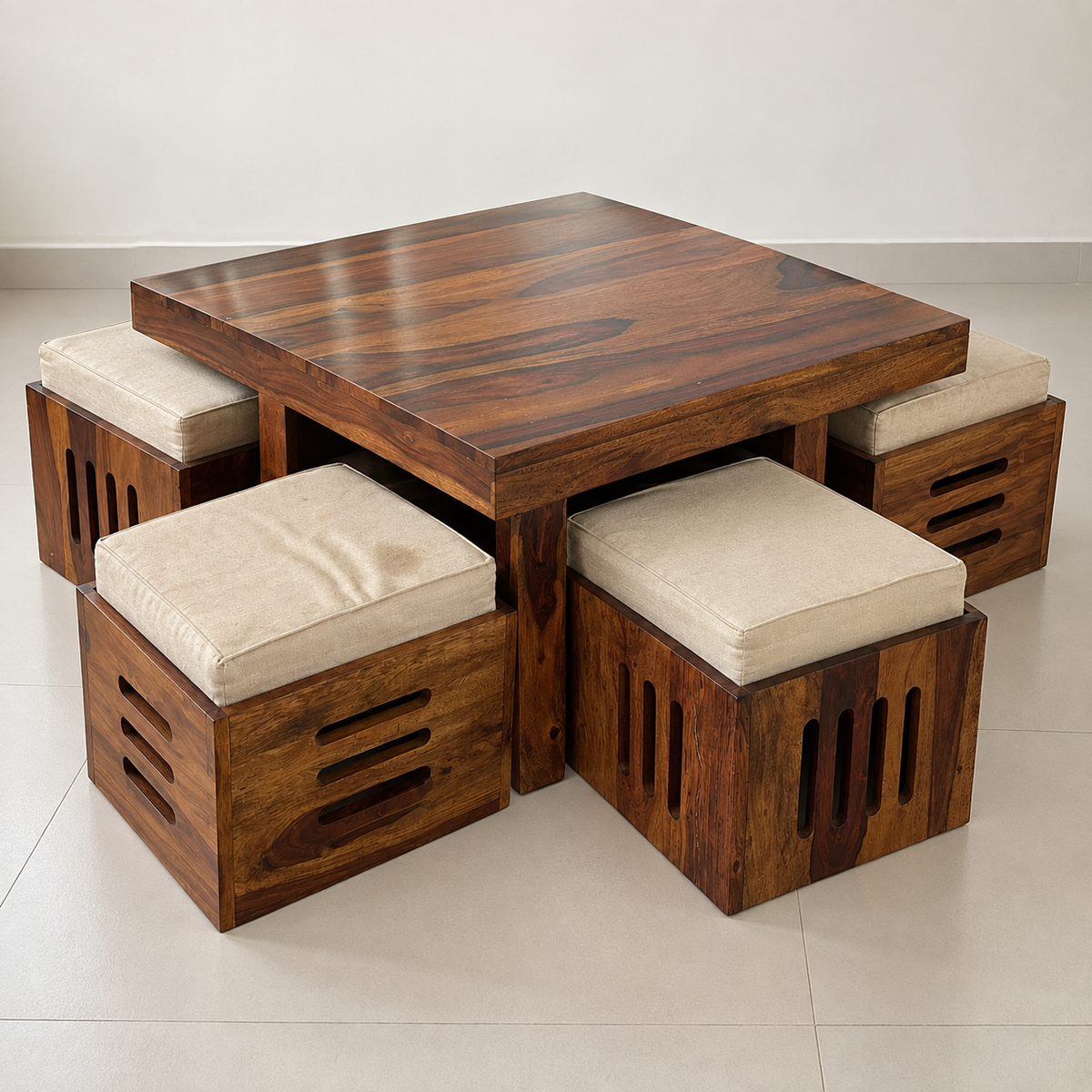 Sheesham coffee table and four stools hero