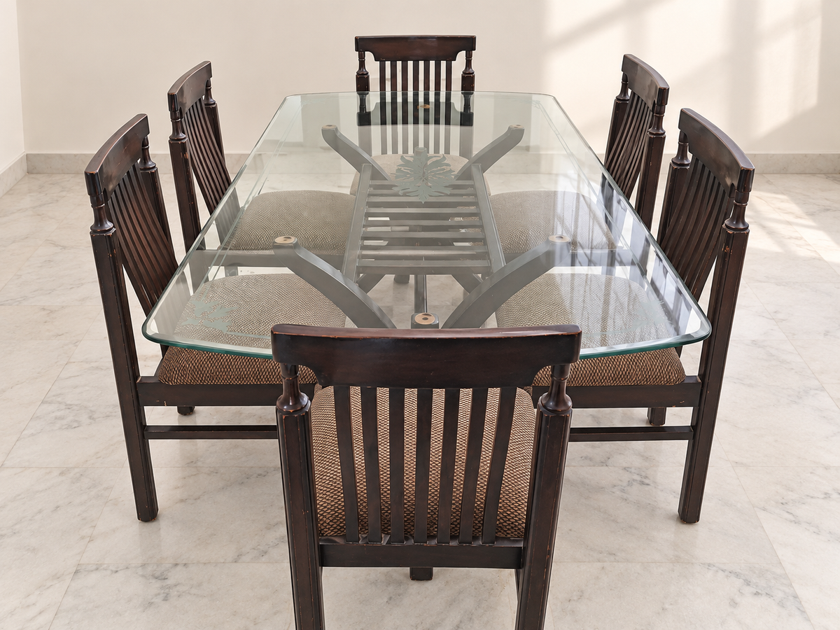 6-Seater Glass Top Dining Table Set in a neutral room