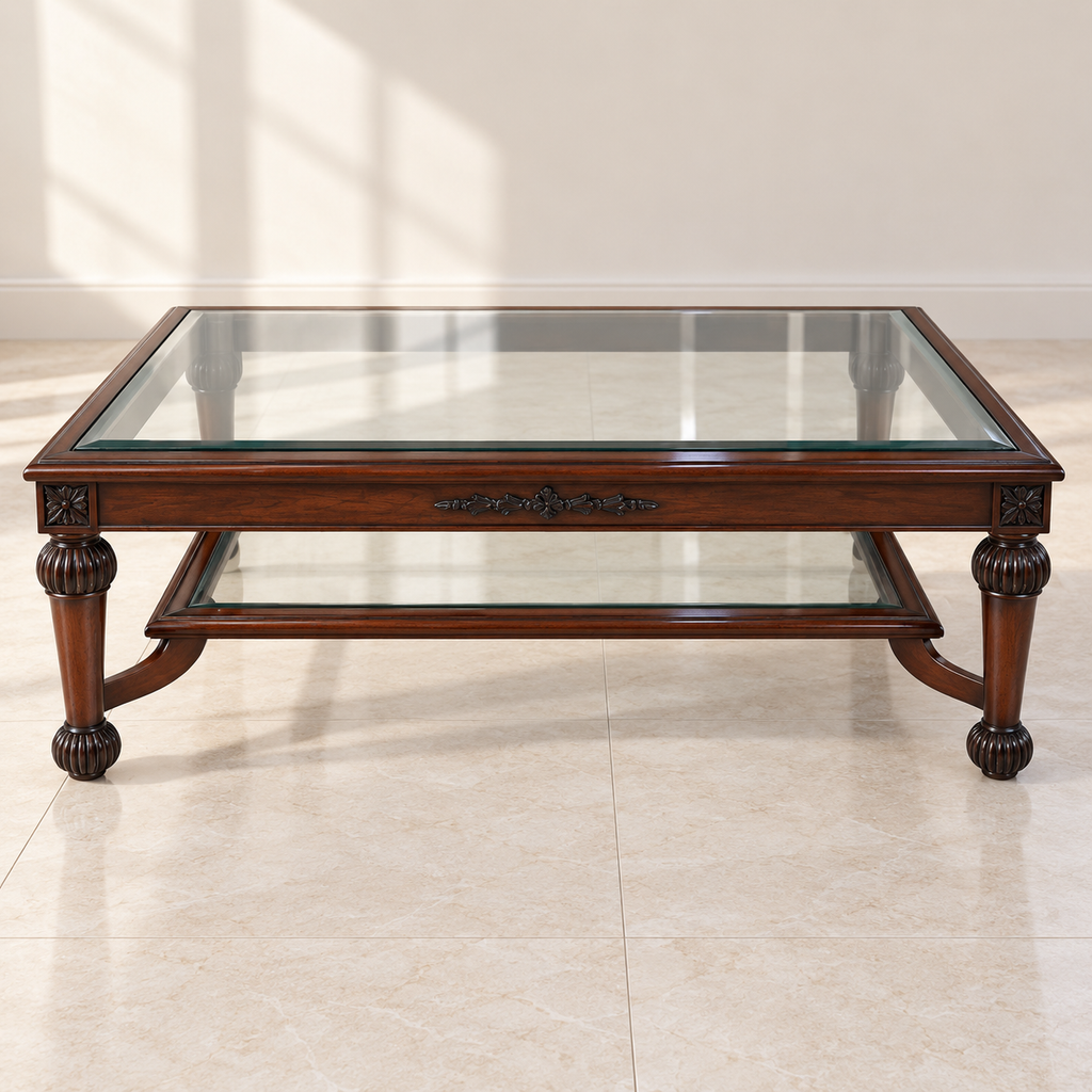 Carved Wood Centre Table with Glass Top in a neutral room