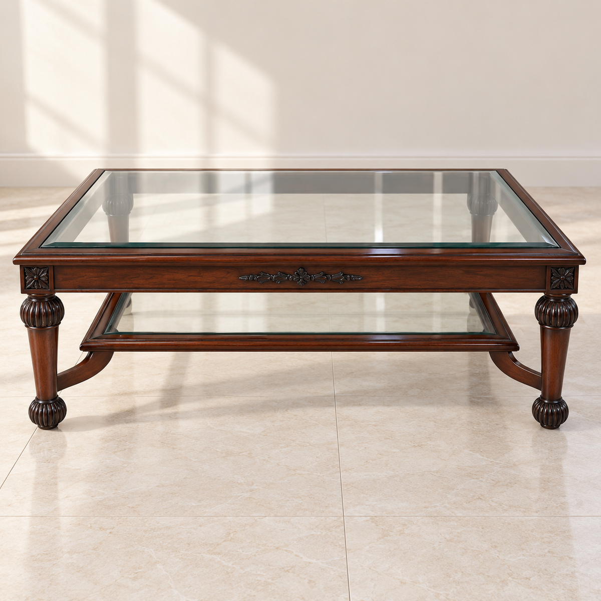 Carved Wood Centre Table with Glass Top in a neutral room