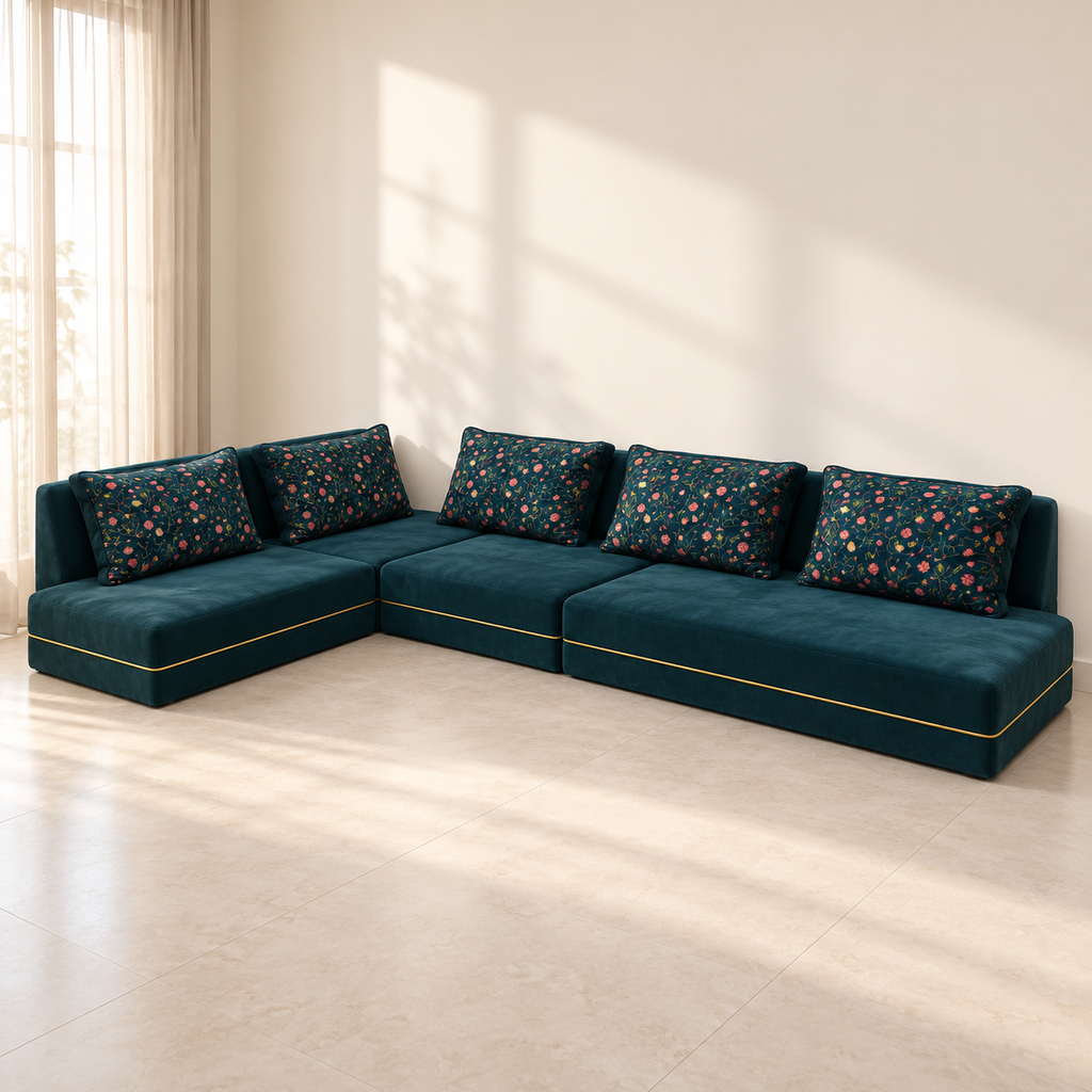 Home Centre 5-Seater Velvet Floor Sofa in a neutral room