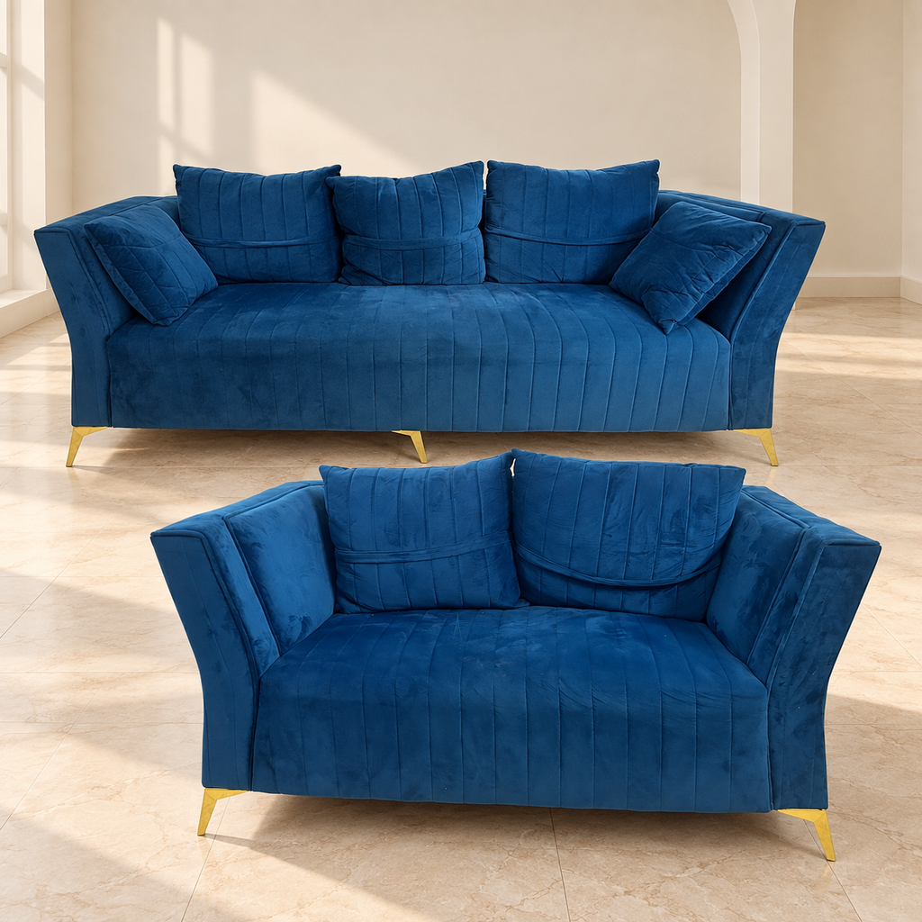 Teal Velvet 3+2 Sofa Set in a neutral room