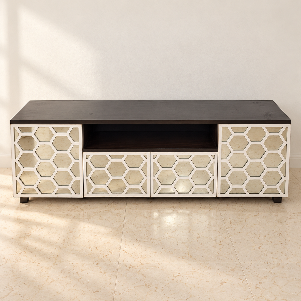 Console Cabinet with Mirrored Lattice Doors in a neutral room