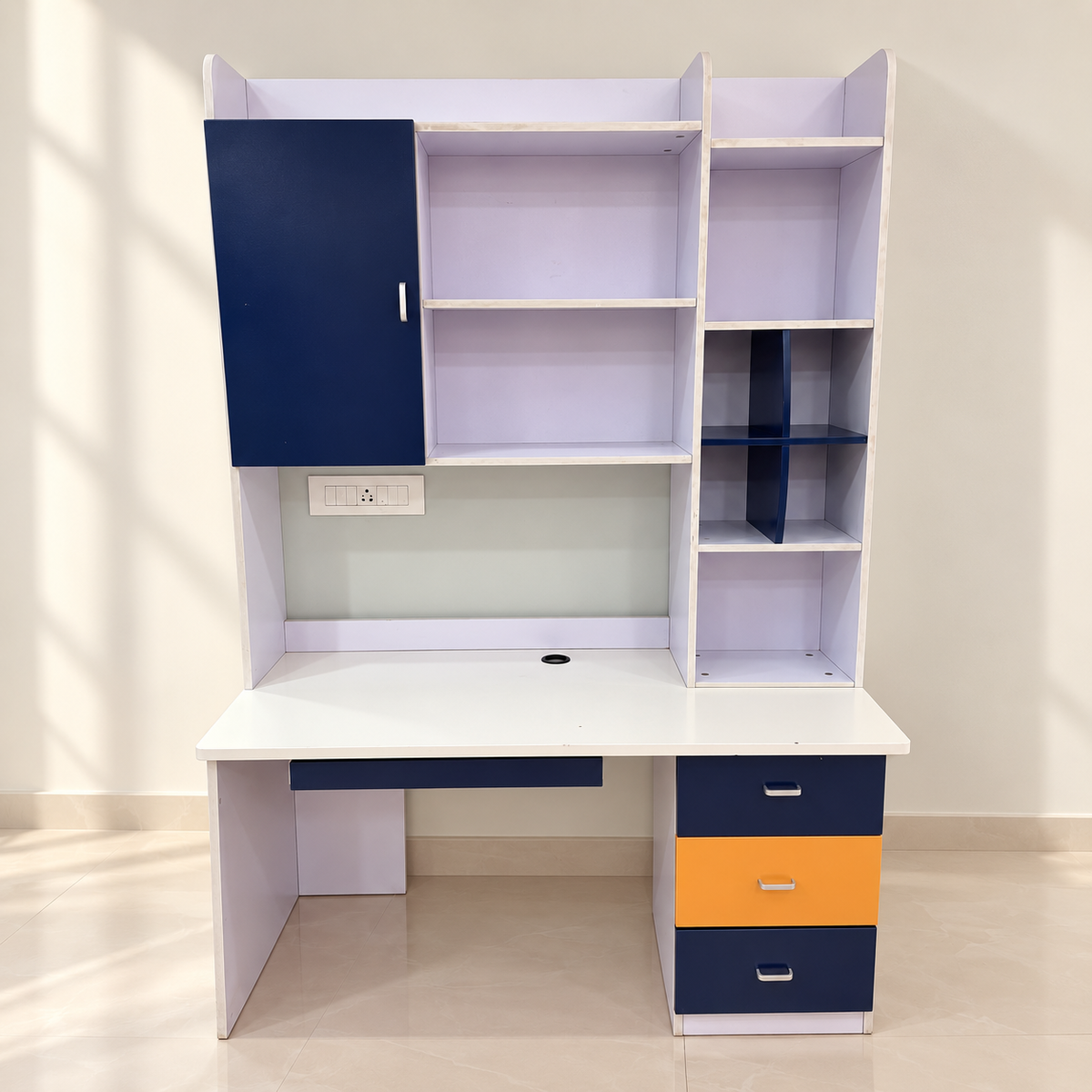 Kids Study Table with Bookshelf Hutch and Drawers in a neutral room