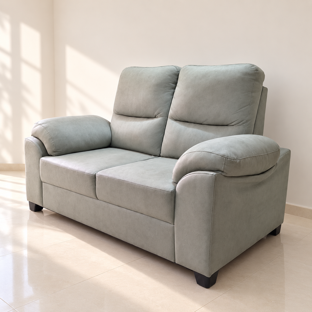 2-Seater Fabric Sofa (Sage Grey) in a neutral room