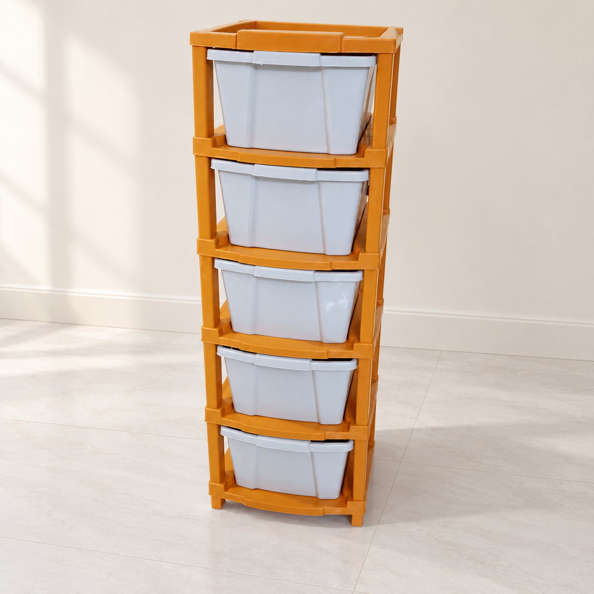 5-Drawer Plastic Storage Rack in a neutral room