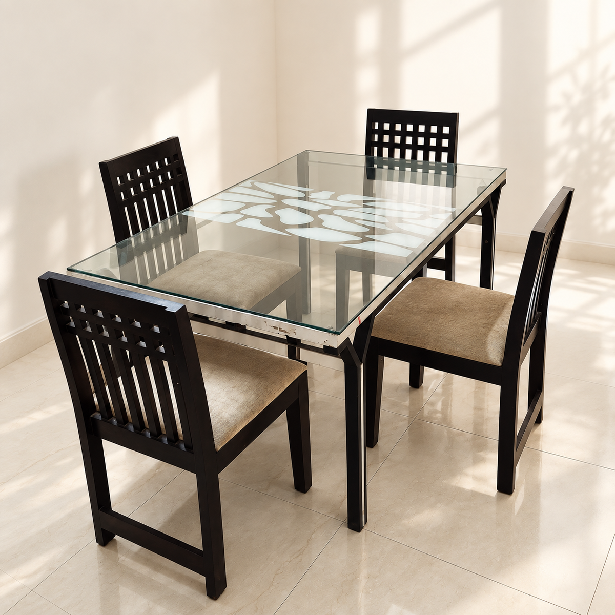 Glass Top Dining Table with 4 Sheesham Chairs in a neutral room