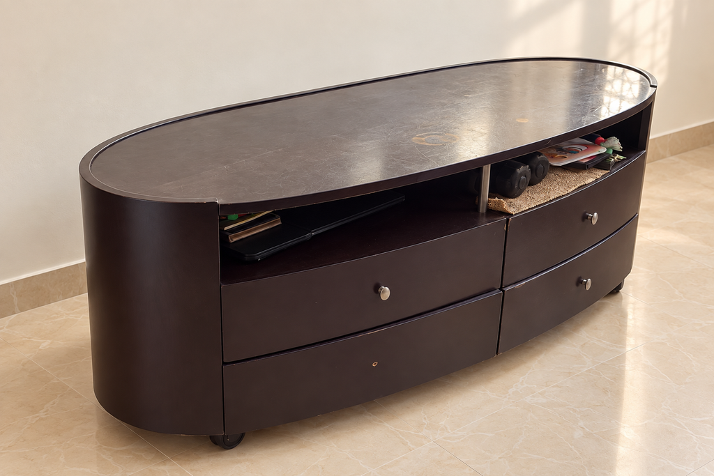 Oval Storage Console with 4 Drawers (Needs Repair) in a neutral room