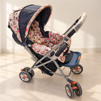 Reversible-Handle Baby Pram with Canopy in a neutral room