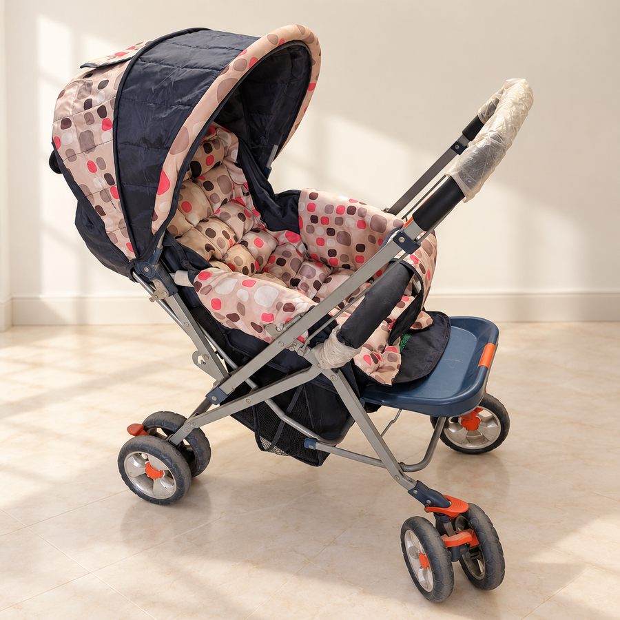 Reversible-Handle Baby Pram with Canopy in a neutral room