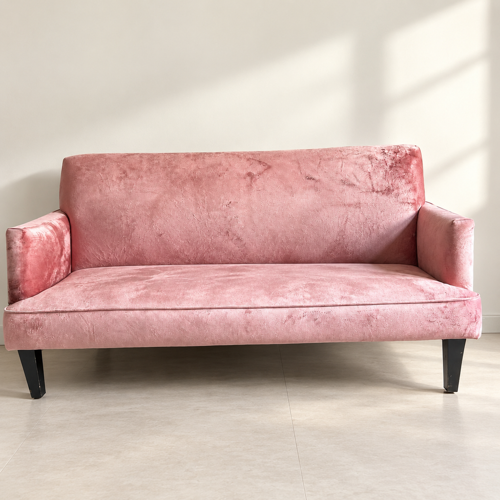 Pink Velvet 3-Seater Sofa in a neutral room