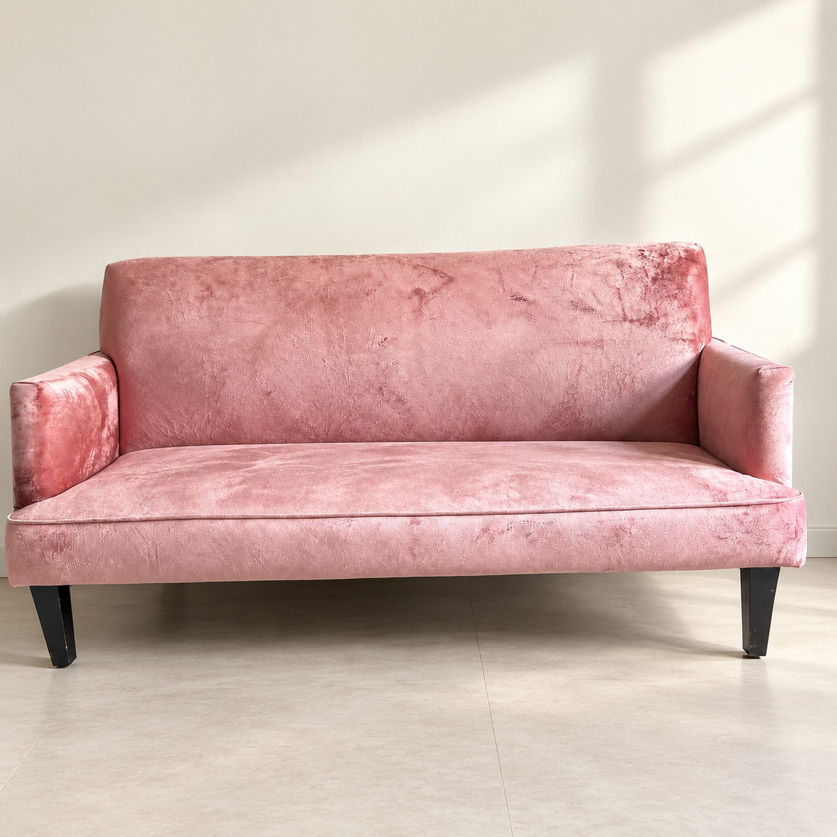 Pink Velvet 3-Seater Sofa in a neutral room