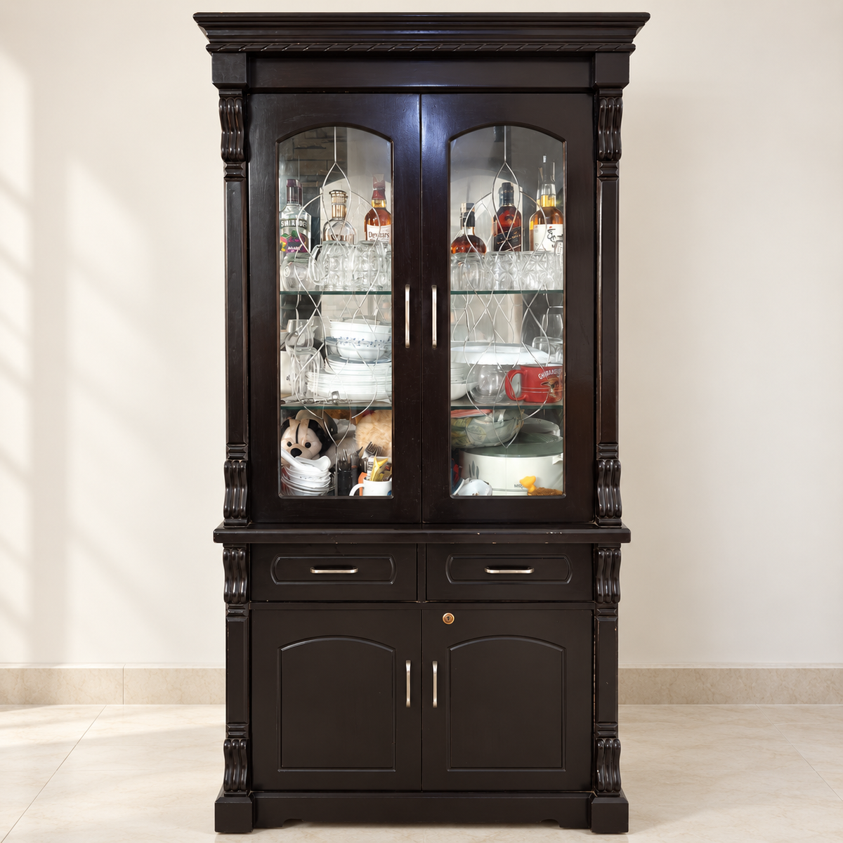 Solid Wood Crockery Unit with Glass Doors in a neutral room