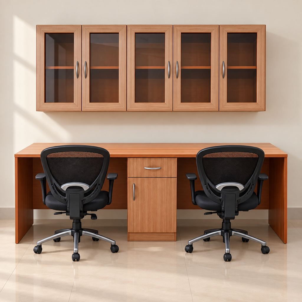 Office Set: 5-Door Wall Cabinet, Twin Work Desk and 2 Mesh Chairs in a neutral room