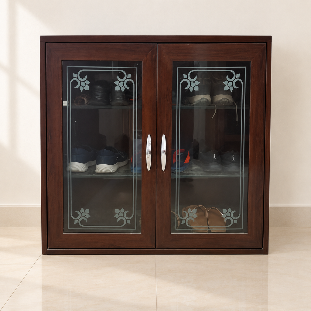 2-Door Glass Shoe Cabinet (Wenge Finish) in a neutral room