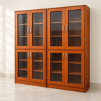 Two 4-Door Glass Bookcases (Teak Finish) in a neutral room