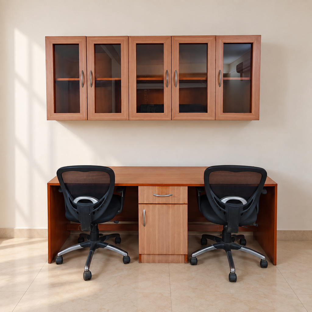 Giveasy hero — Twin Work Desk Set with 5-Door Glass Wall Cabinet and 2 Mesh Chairs