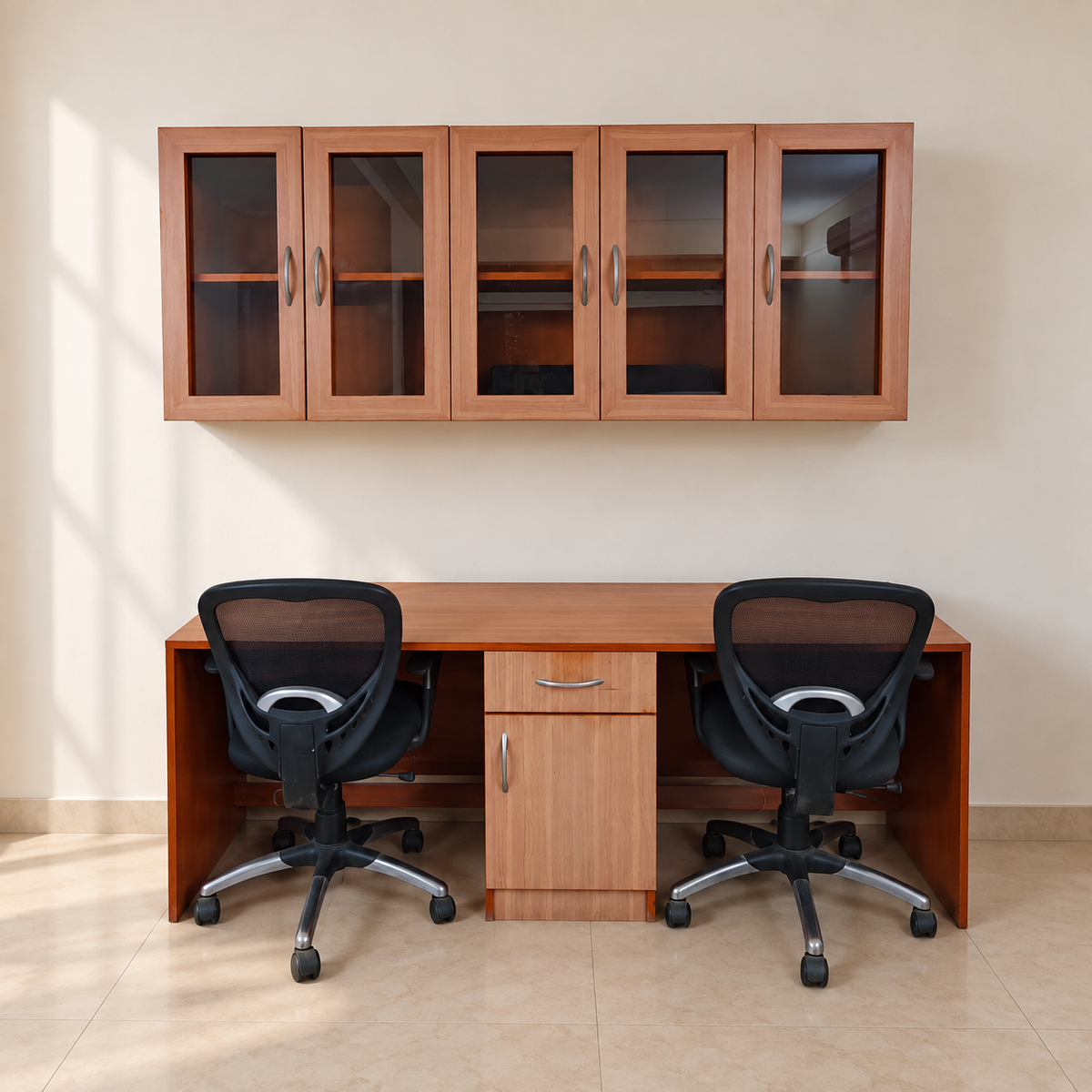 Giveasy hero — Twin Work Desk Set with 5-Door Glass Wall Cabinet and 2 Mesh Chairs