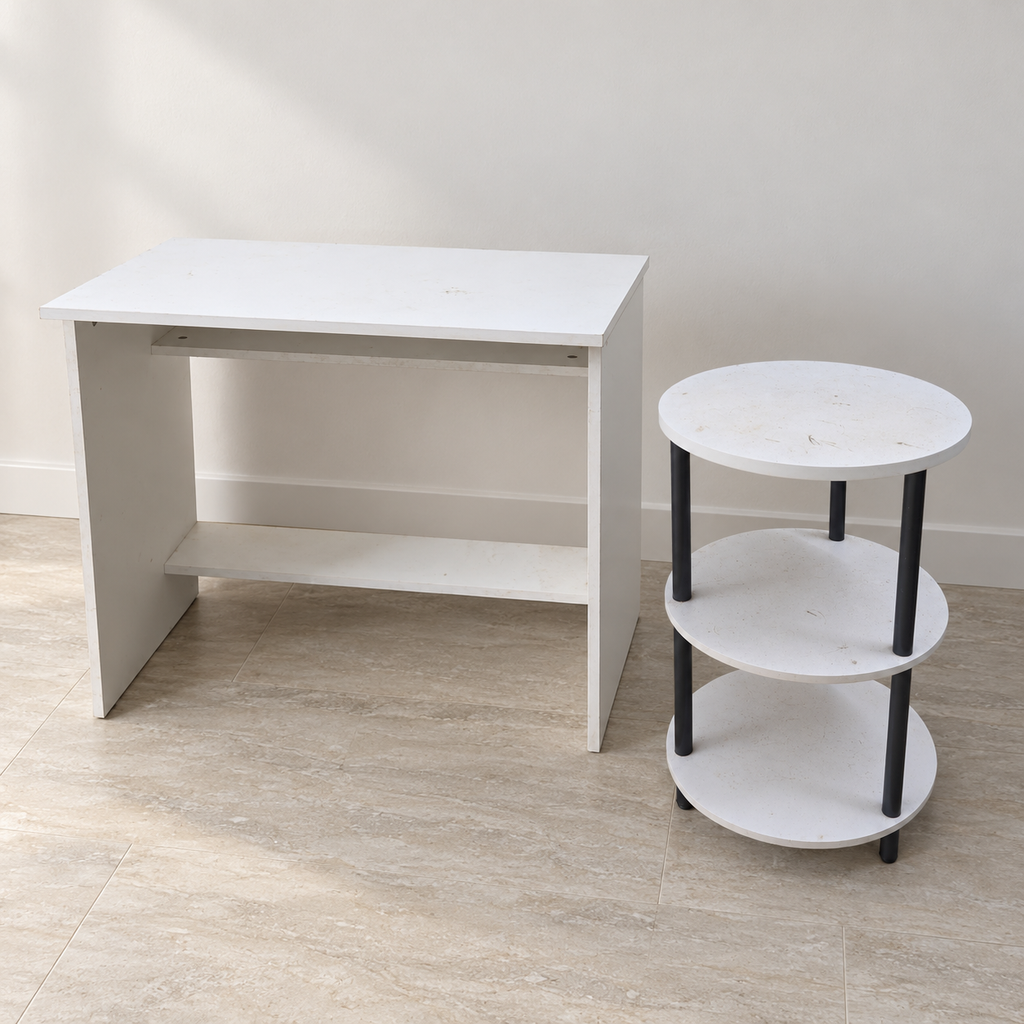 Giveasy hero — White Computer Table with 3-Tier Round Side Table