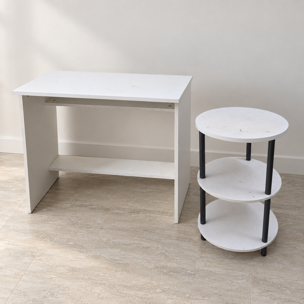 Giveasy hero — White Computer Table with 3-Tier Round Side Table