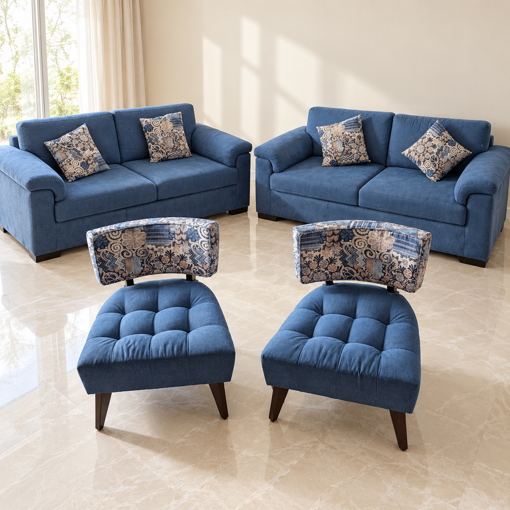 Blue Fabric 6+2 Sofa Set with Patterned Cushions with two matching sofas and two armless chairs