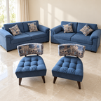 Blue Fabric 6+2 Sofa Set with Patterned Cushions with two matching sofas and two armless chairs