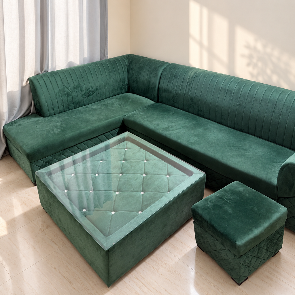 Green Velvet 5-Seater L-Shaped Sofa with Centre Table and Pouffe in a neutral room