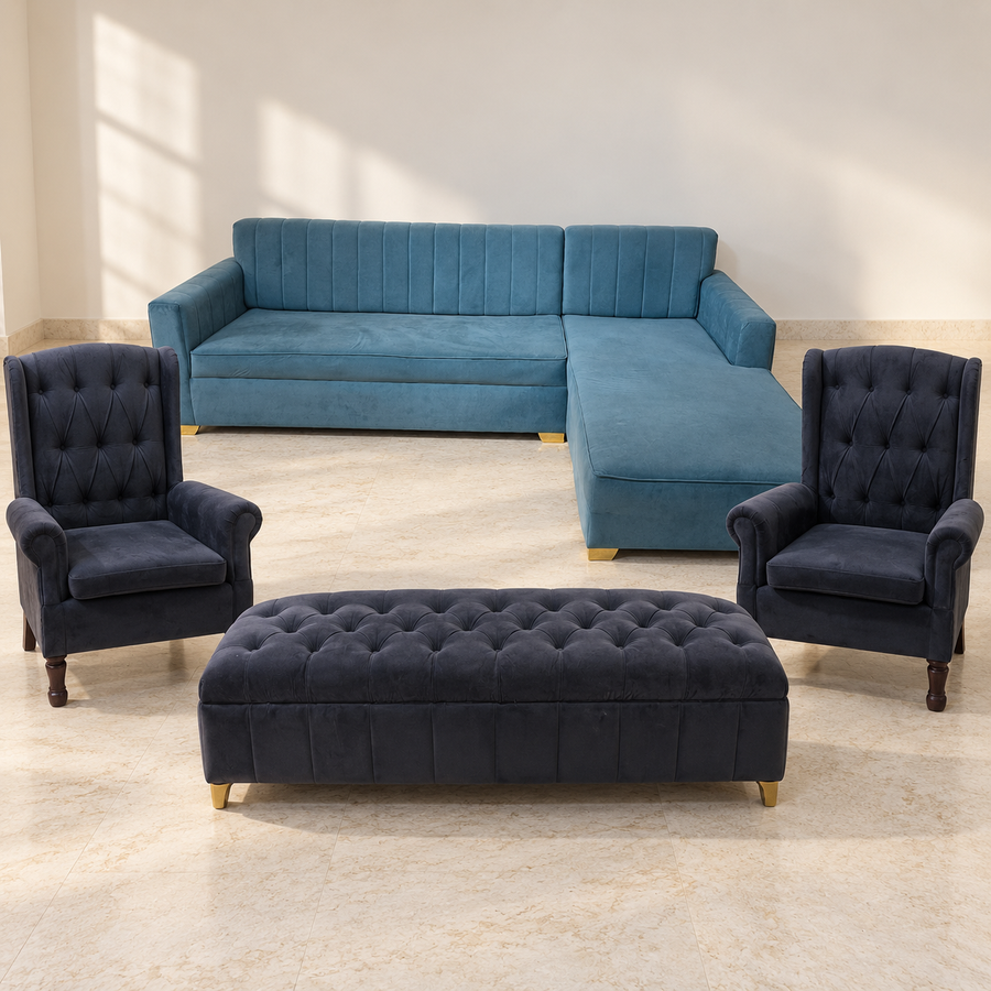 Custom Suede L-Shaped Sofa with 2 Armchairs and Tufted Bench in a neutral room
