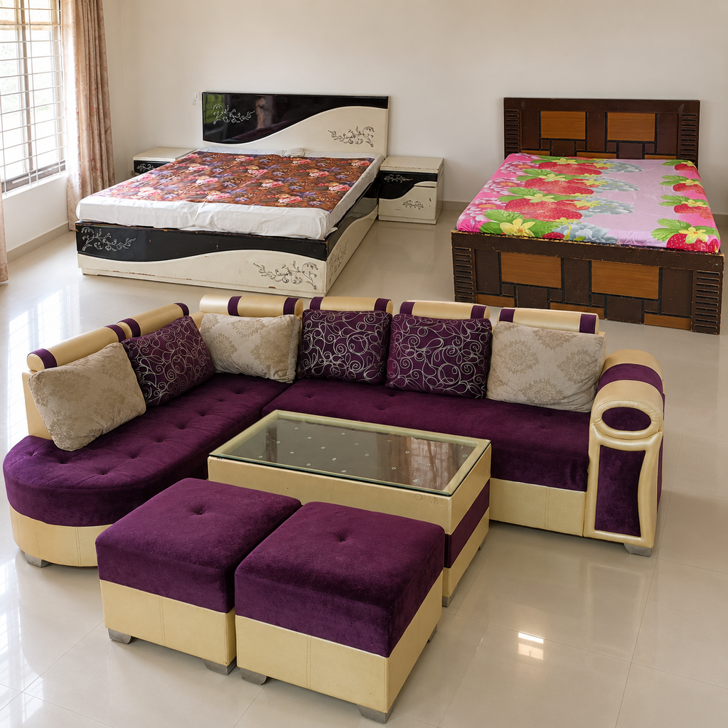 Bundle: Purple L-Shaped 7-Seater Sofa, King Bed and Queen Storage Bed in a neutral room