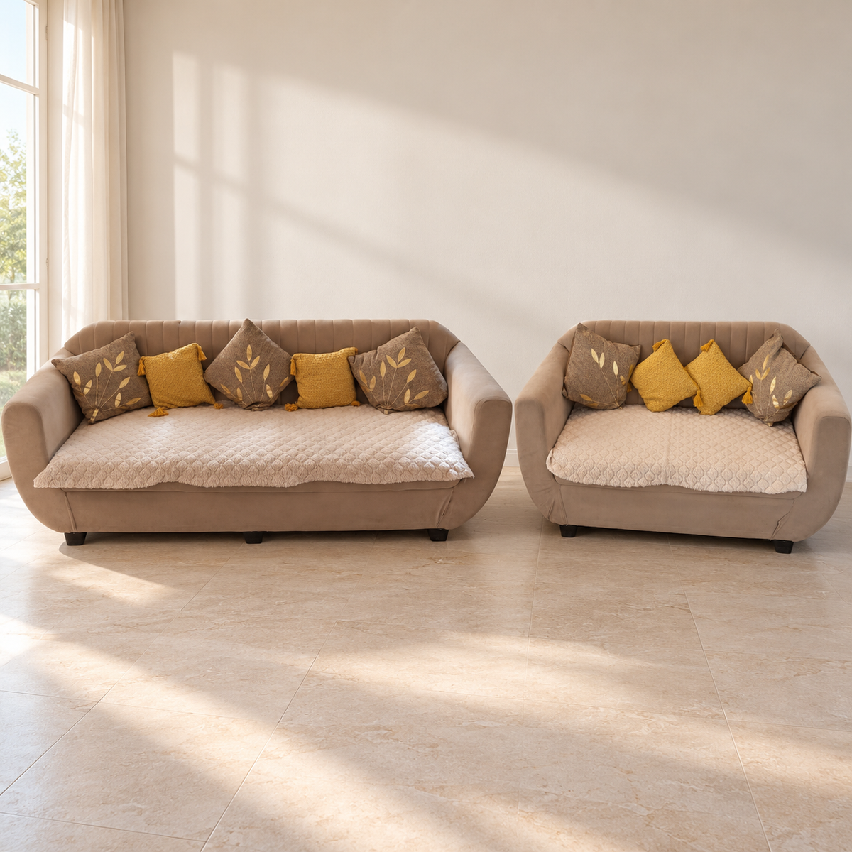 3+2 Sofa Set, Beige Fabric, Channel Back - giveasy hero