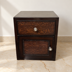 One photographed dark brown bedside cabinet; second seller-listed table not shown