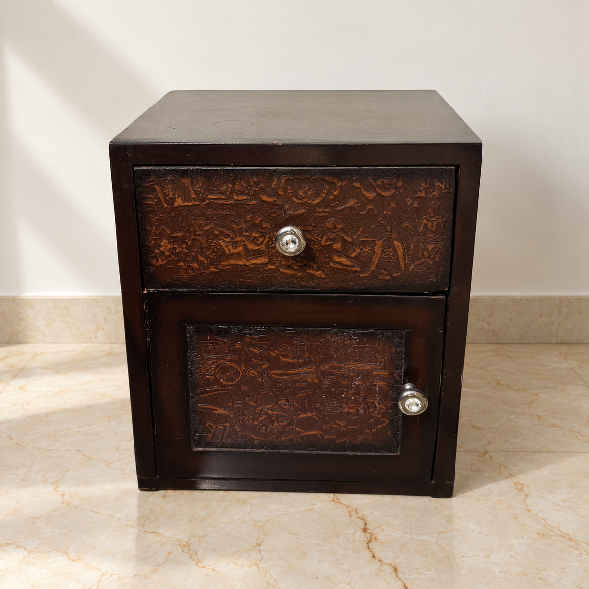 One photographed dark brown bedside cabinet; second seller-listed table not shown