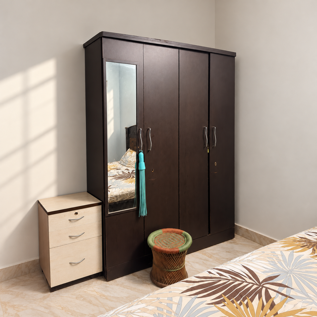 4-Door Wardrobe with Mirror and Dresser, Dark Wood - giveasy hero