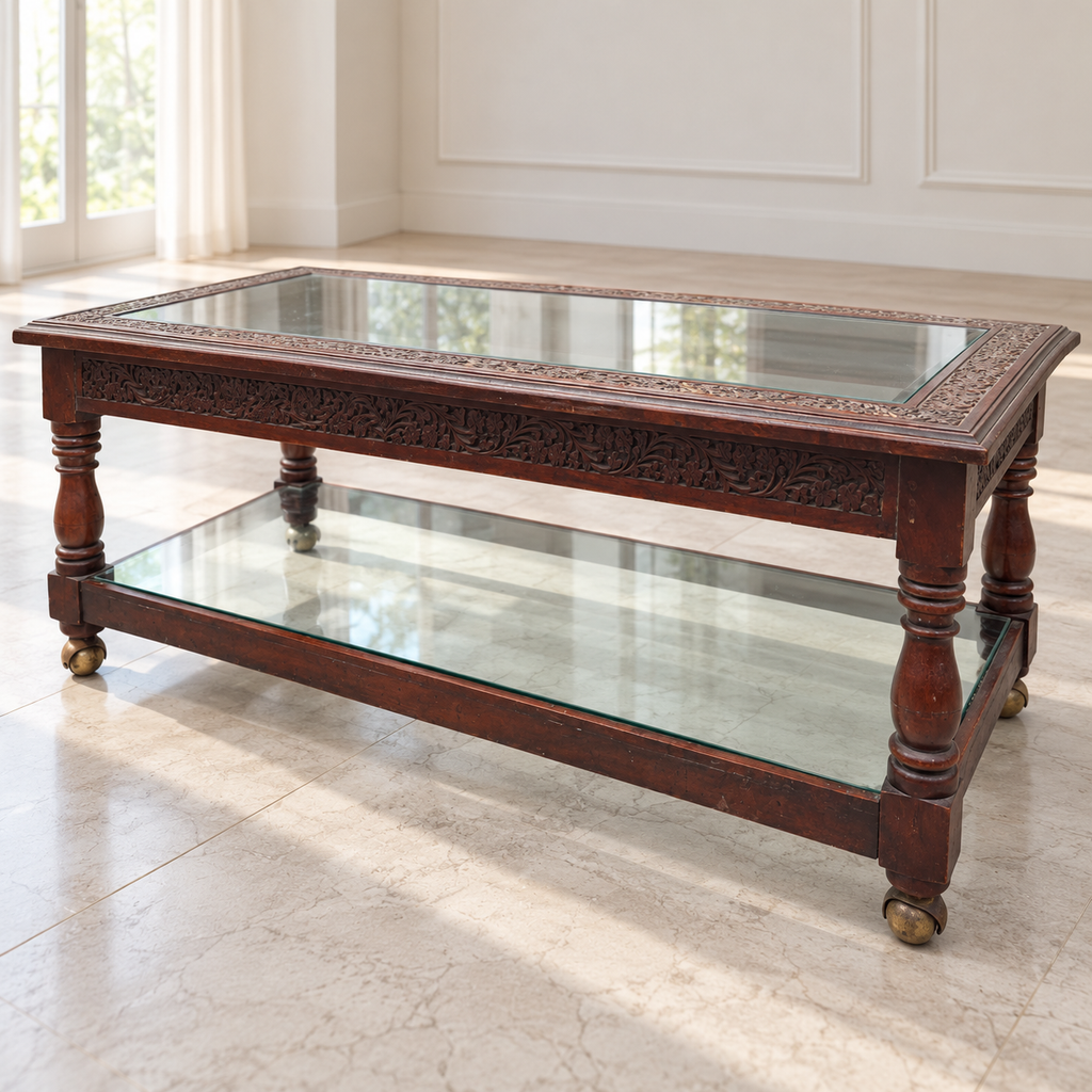 Sheesham Wood Centre Table with Glass Top, Carved Frame - giveasy hero