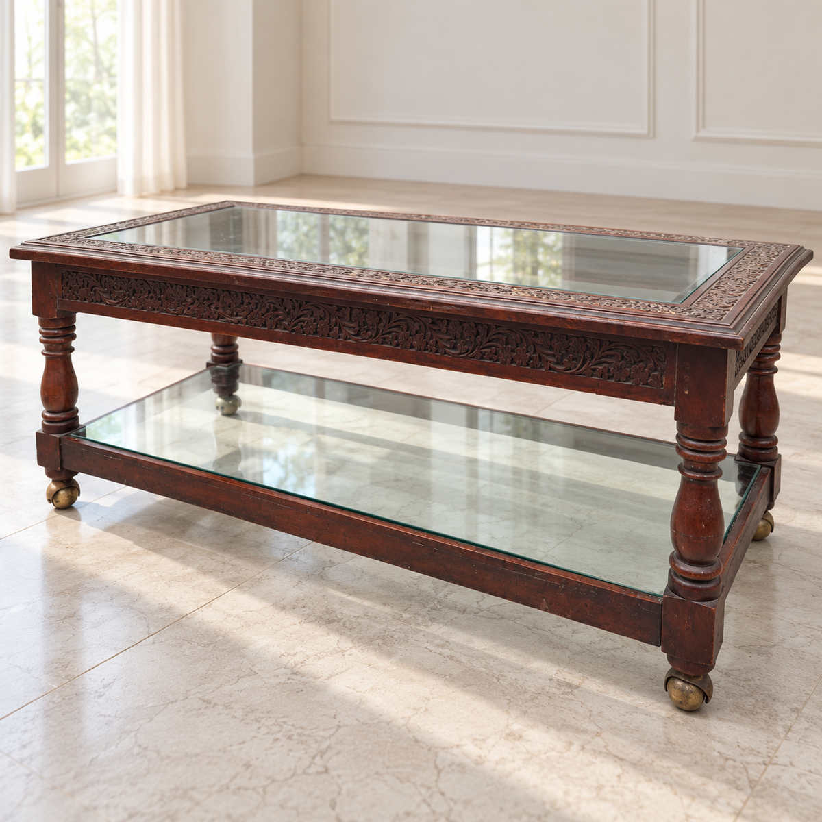 Sheesham Wood Centre Table with Glass Top, Carved Frame - giveasy hero