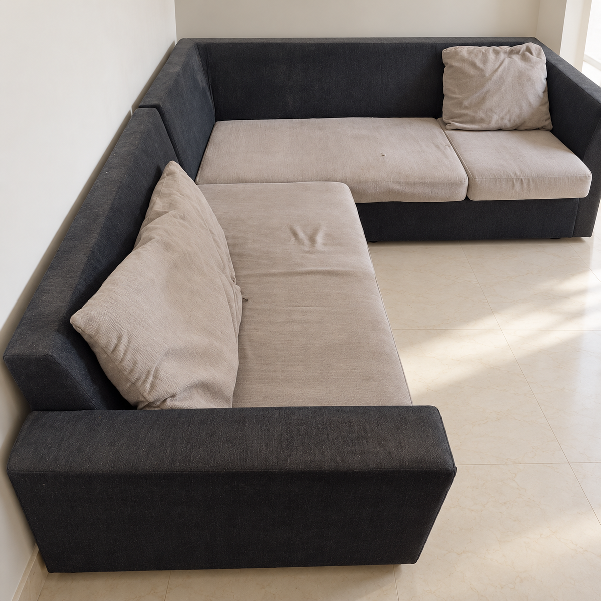 7-Seater L-Shaped Sofa, Charcoal and Beige Fabric - giveasy hero