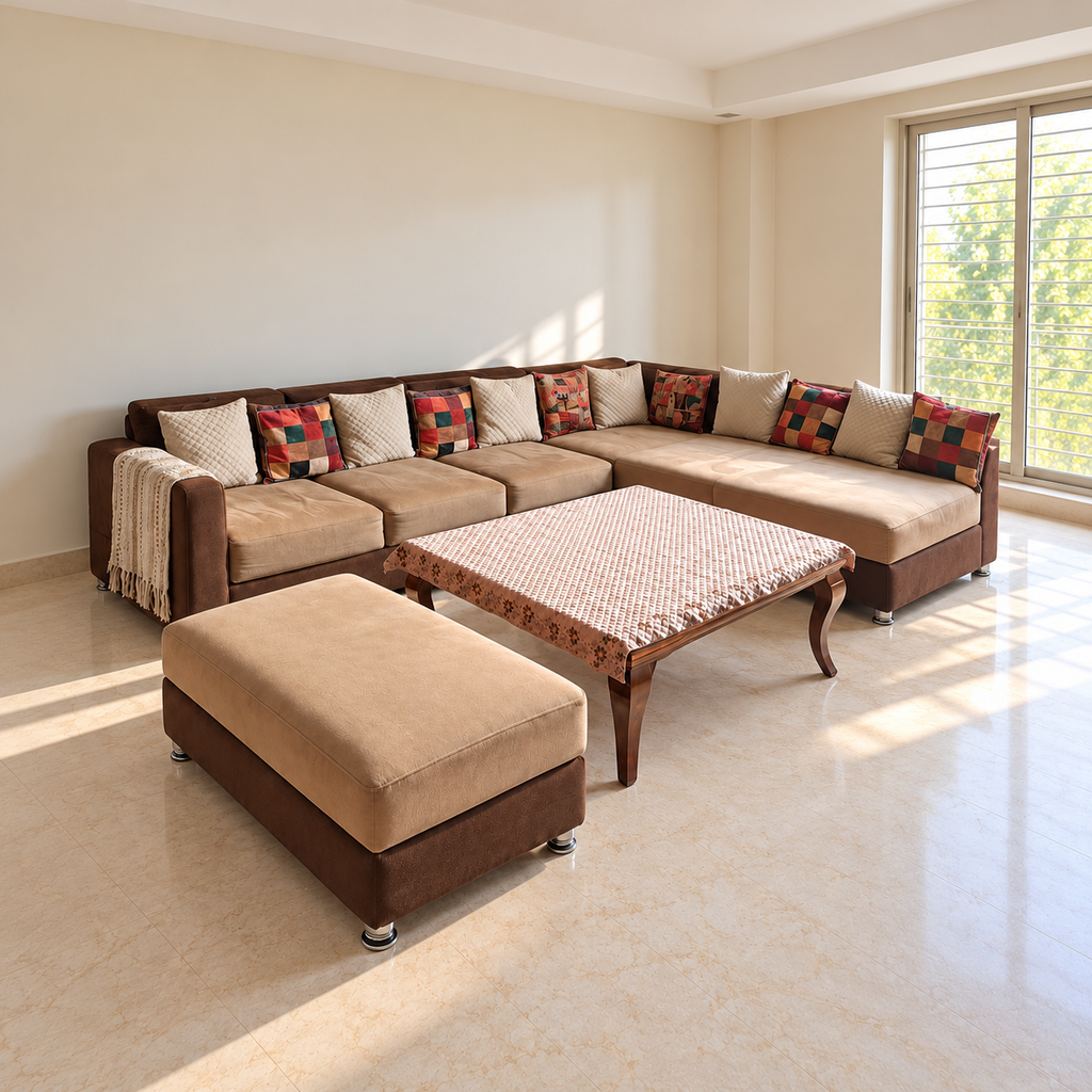 Custom Beige Sofa Set with Ottoman and Centre Table - hero