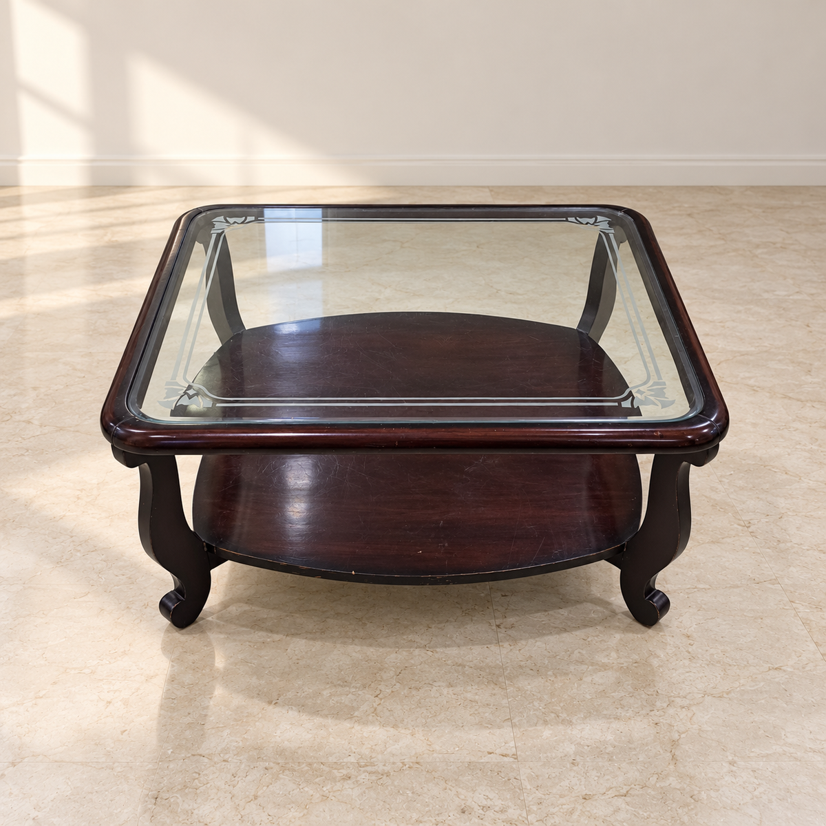 Square Glass-Top Wooden Coffee Table with Lower Shelf - hero