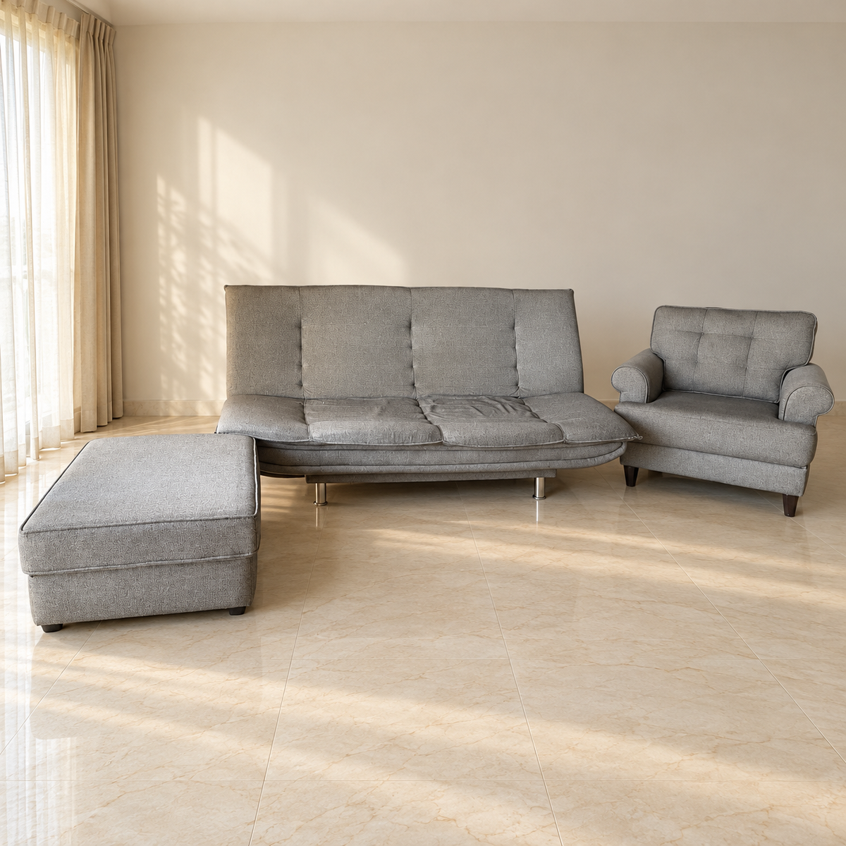 Wakefit Grey Sofa Bed Set with Armchair and Ottoman - hero