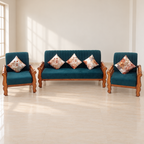 Teal Fabric 5-Seater Sofa Set with Carved Wood Frame - hero