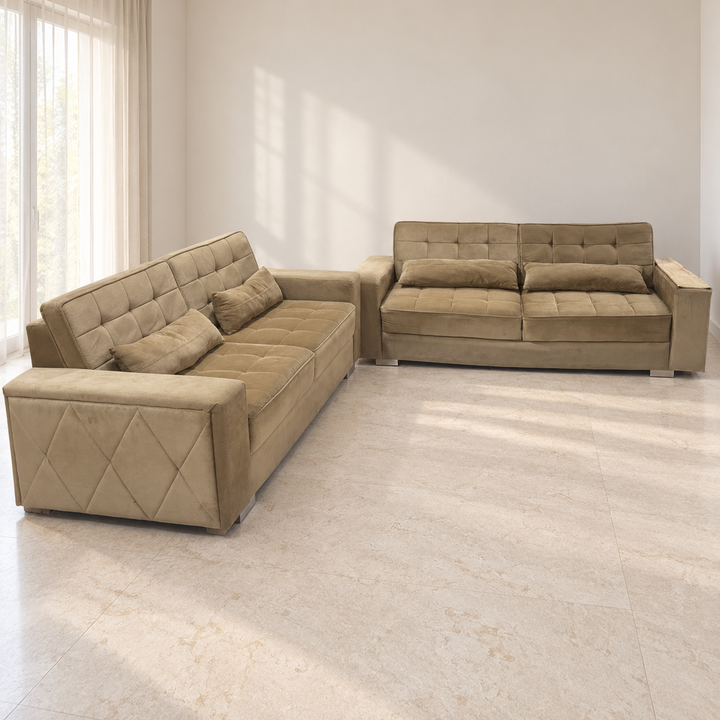 Beige Tufted Sofa Pair with Bolster Cushions - hero