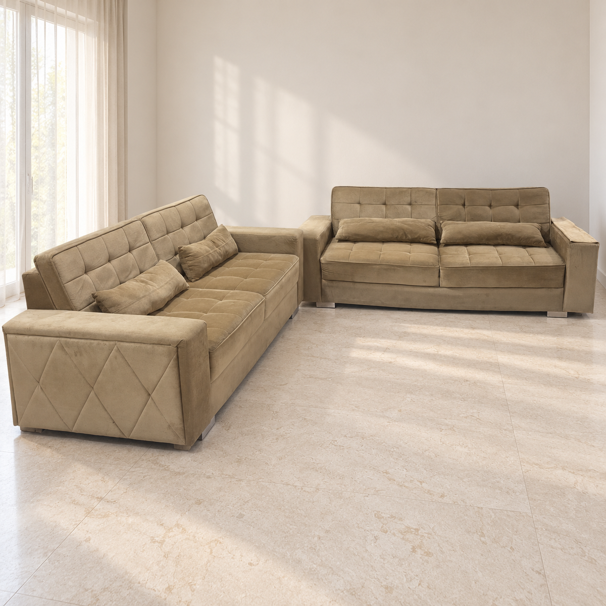 Beige Tufted Sofa Pair with Bolster Cushions - hero