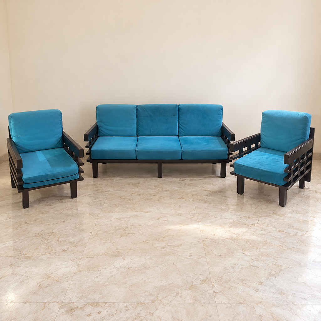 Teal Cushion 5-Seater Sofa Set with Slatted Wood Frame - hero