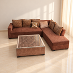 Brown L-Shaped Sofa with Glass-Top Centre Table - hero