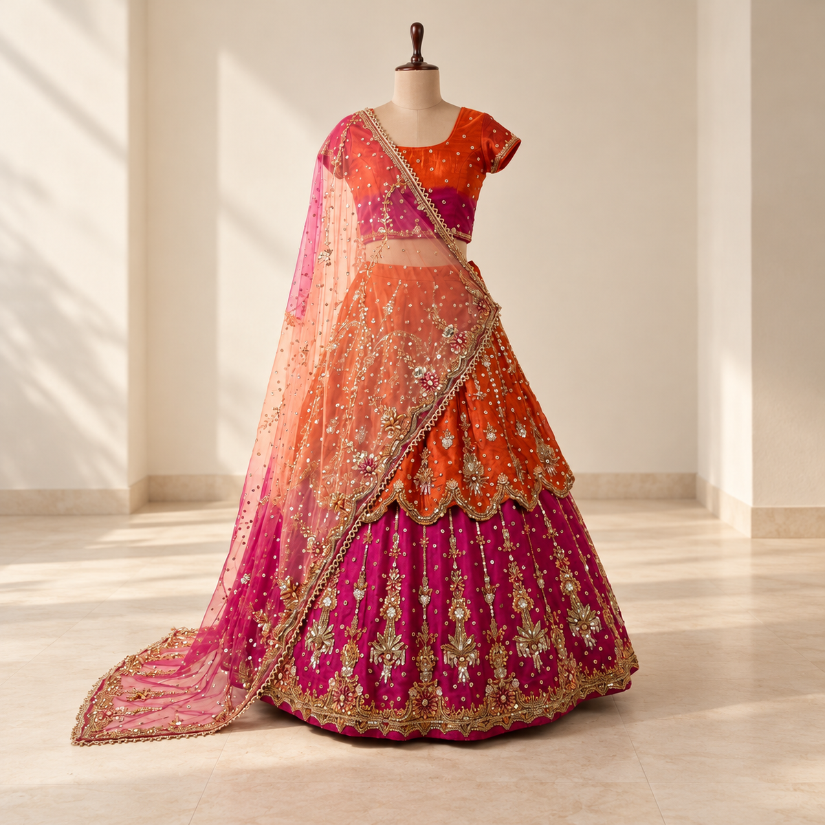 Orange and Magenta Embellished Bridal Lehenga Set - Lightly Used - Gurugram