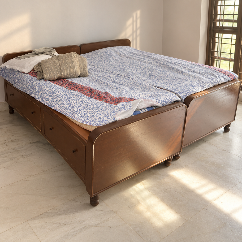 Pair of Wooden Single Beds with Drawer Storage - Regularly Used - Gurugram